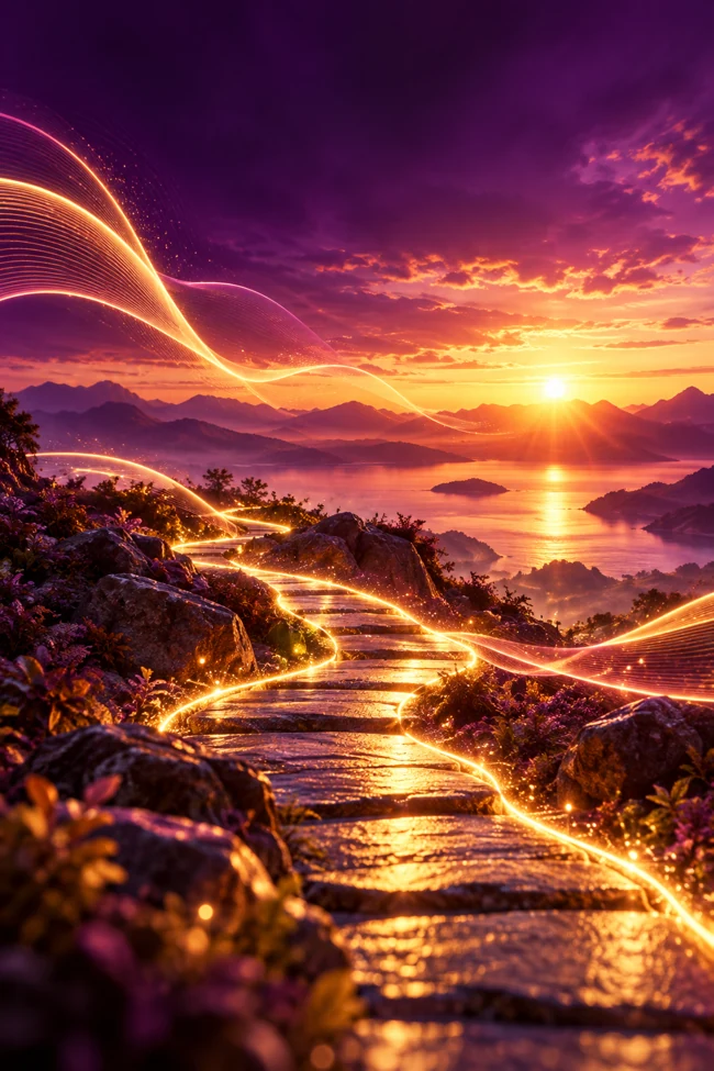 Arte original VIBRO: caminho de pedras iluminado por ondas douradas em direção ao amanhecer